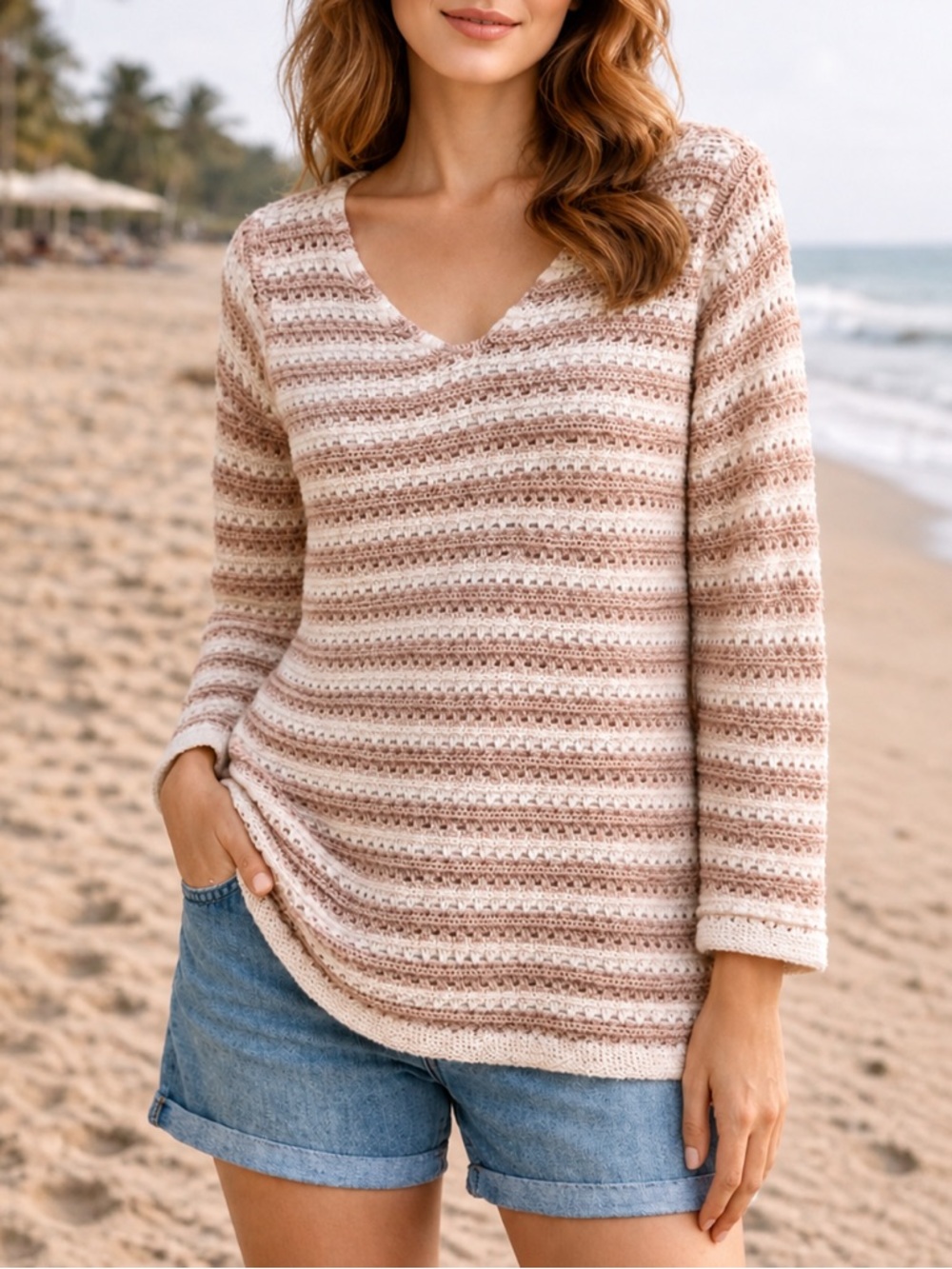 DANA BUCHMAN Open Knit Stripe V-Neck Tunic Lightweight Sweater Ivory Tan L